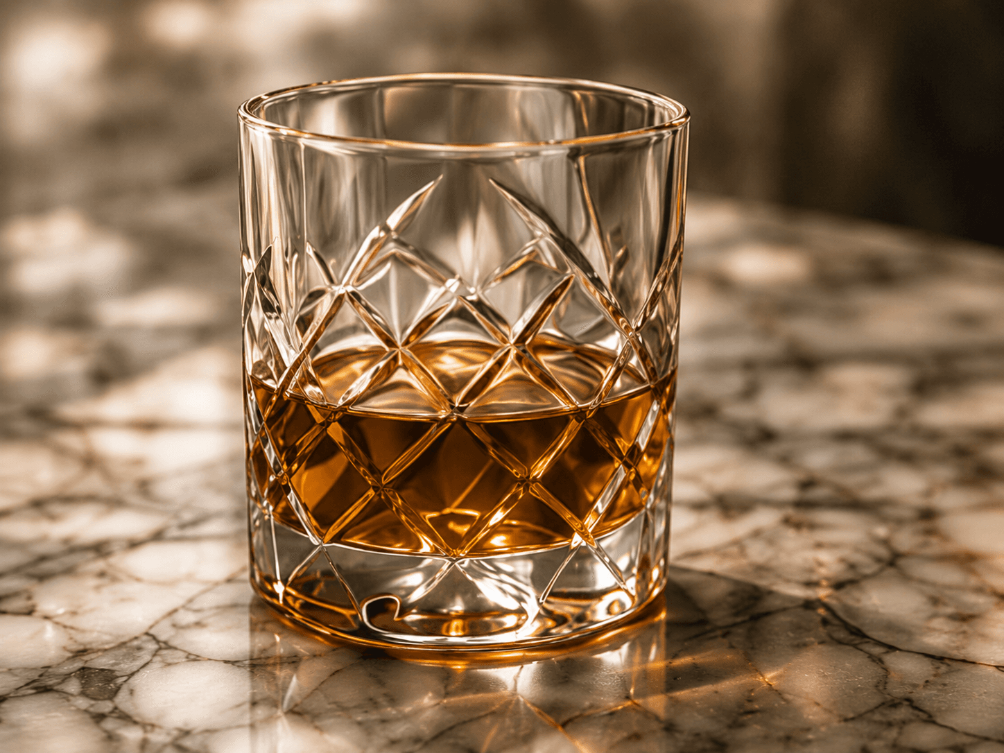 Cut-crystal glass of aged bourbon resting on marble