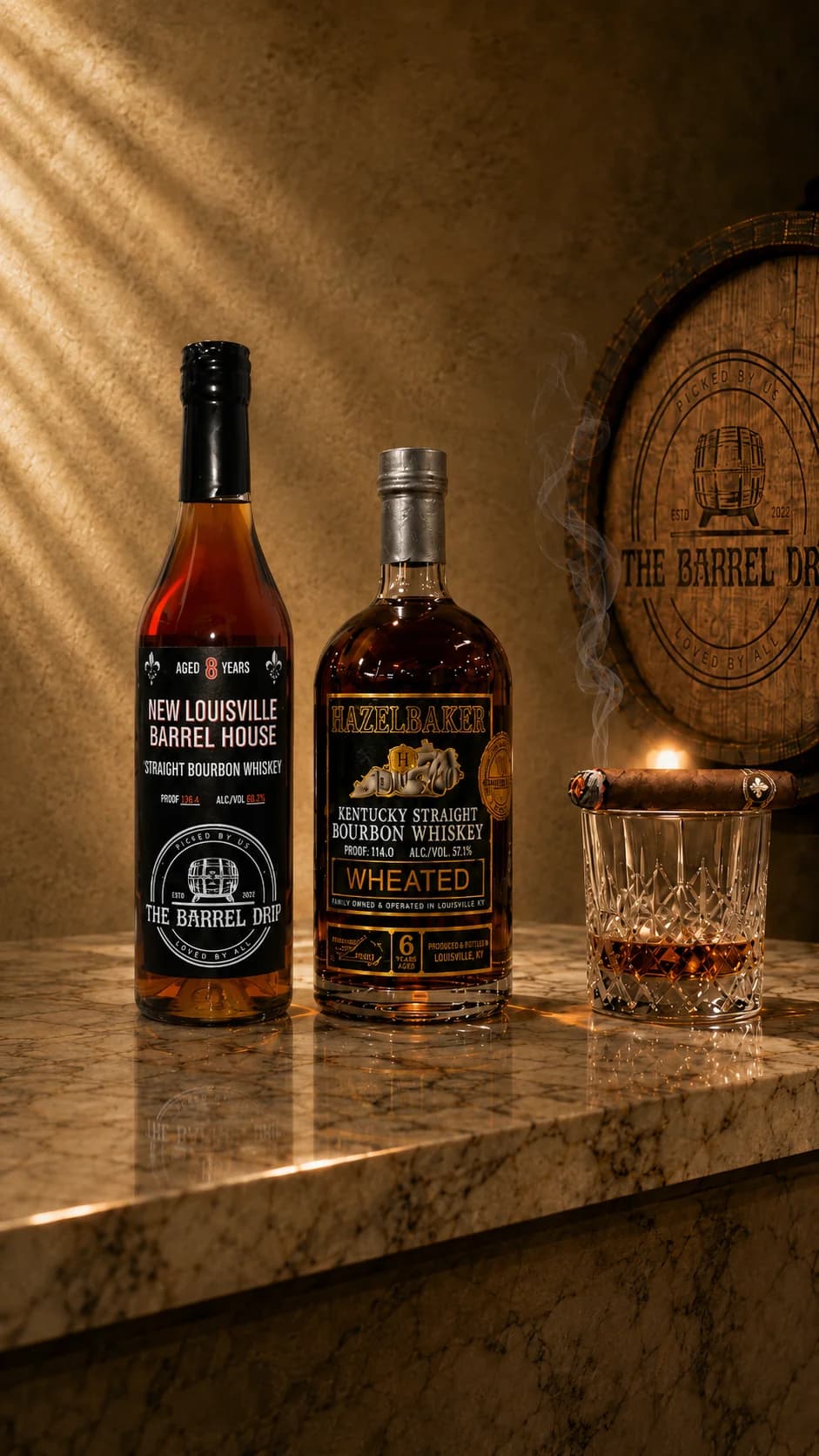 The Barrel Drip lounge — curated bourbons and wines on marble